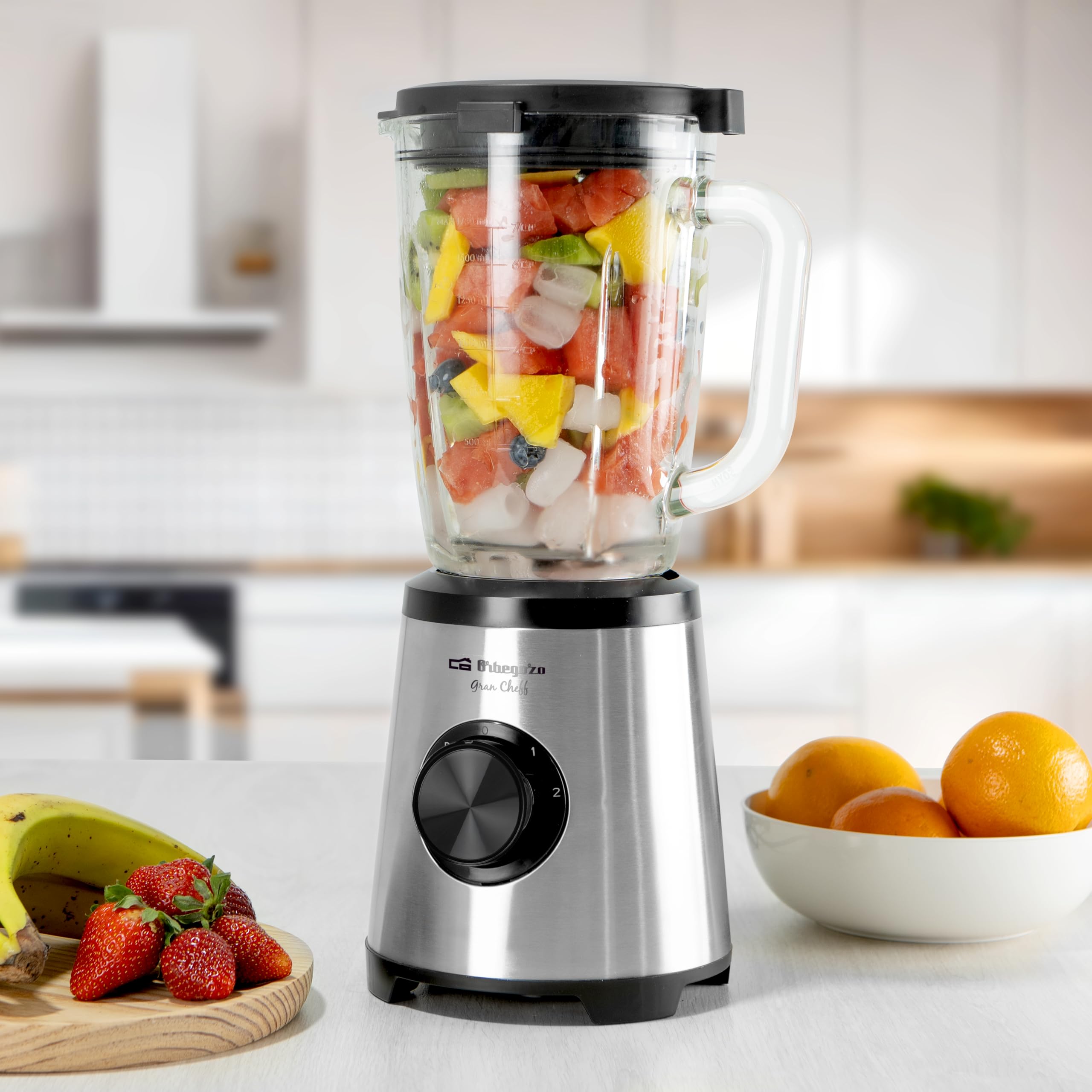 Orbegozo BV 15350 Batidora de Vaso 1500W con Jarra de Cristal Termorresistente 1,75L, Motor AC, 2 Velocidades + Pulse, Cuchilla Desmontable de 4 Hojas y Función Pica Hielo