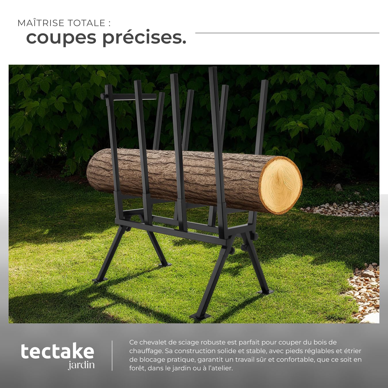 tectake® Chevalet de sciage pour Tronconneuse electrique et Scie, 76 x 53 x 102 cm, Coupe buche en acier, Chevalet coupe bois, Barre de blocage réglable, Résistant et Pliable, Capacité max. 400 kg