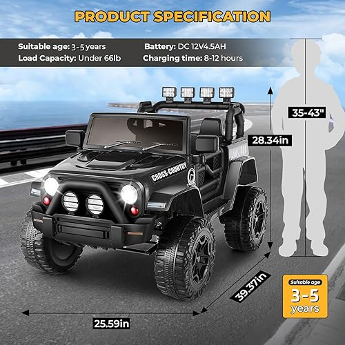 Miniatura 6 de Hikole Coche eléctrico con pilas para niños, 12 V, con control remoto, reproductor de música, Bluetooth, 3 velocidades, suspensión, ruedas de coche