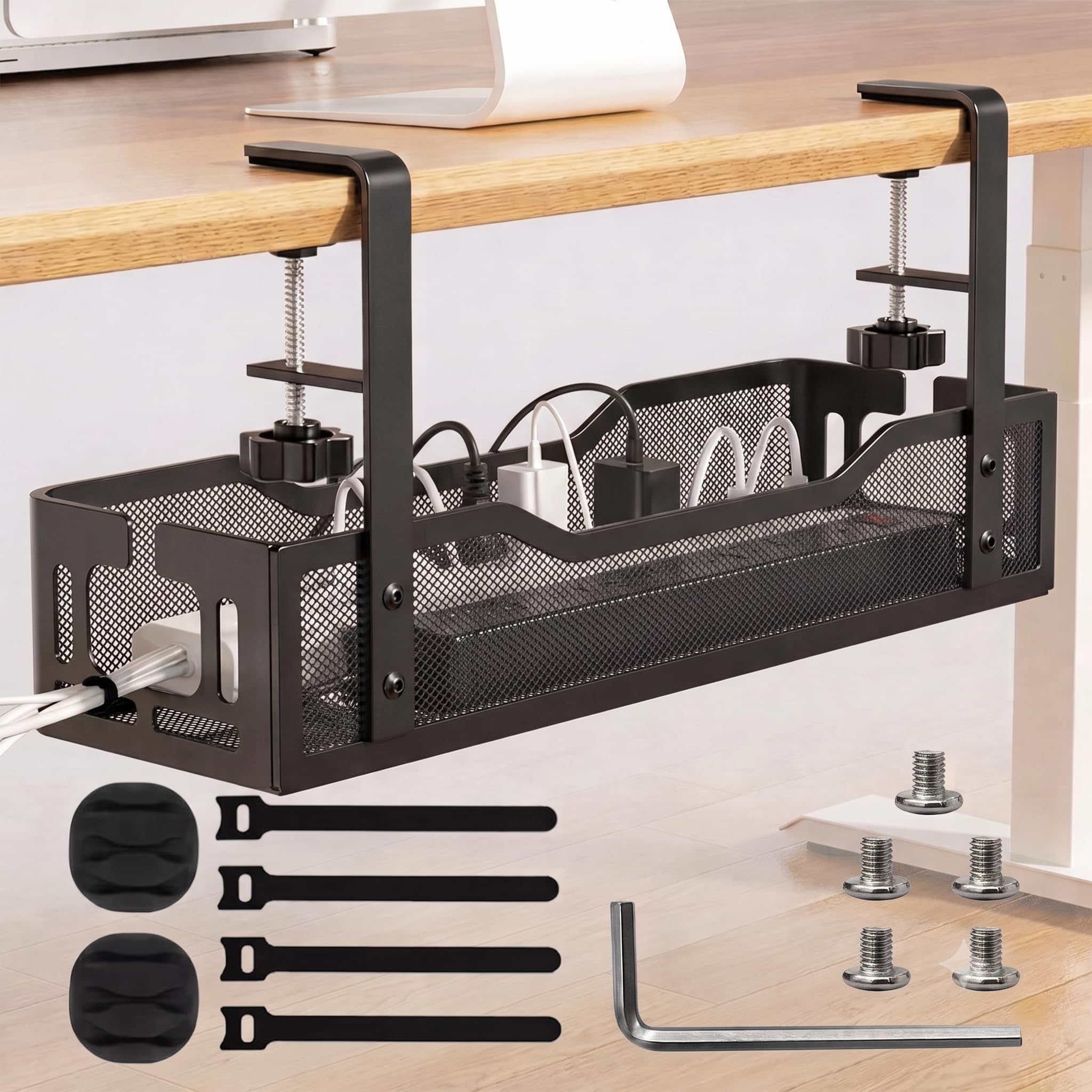 Under Desk Cable Management Tray XL | No-Drill Metal Mesh Rack with Clamp Mount | Wire Organiser for Power Strips & Cables | 38.5x11.9x7cm | Includes Zip Ties & Cable Clips – Black-image-18