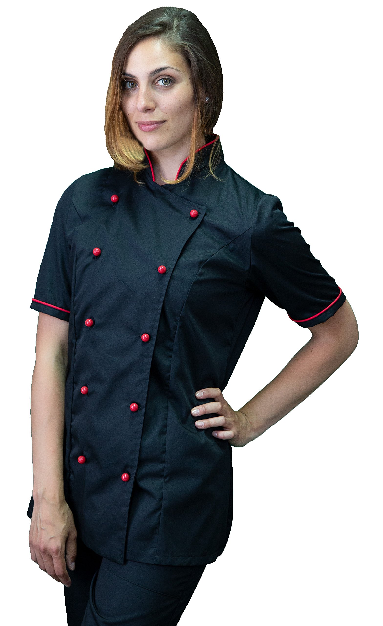 Ricamo Gratuito - Completo Cuoco da Cucina - Nero e Rosso - Divisa Chef Donna Manica Corta - Pantalone, Giacca e Grembiule - Made in Italy