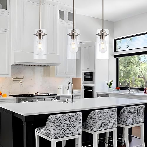 Miniatura 7 de Lámparas colgantes, acabado de níquel cepillado, luces de cocina de techo, luces colgantes de vidrio transparente, isla de cocina