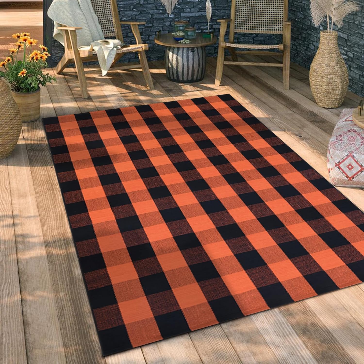 Fall Orange and Black Plaid Rugs, 4'x6' Area Rug Outdoor Indoor Front Porch Doormat Cotton Hand-Woven Layered Door Mats for Entryway Patio Laundry Bedroom Living Room