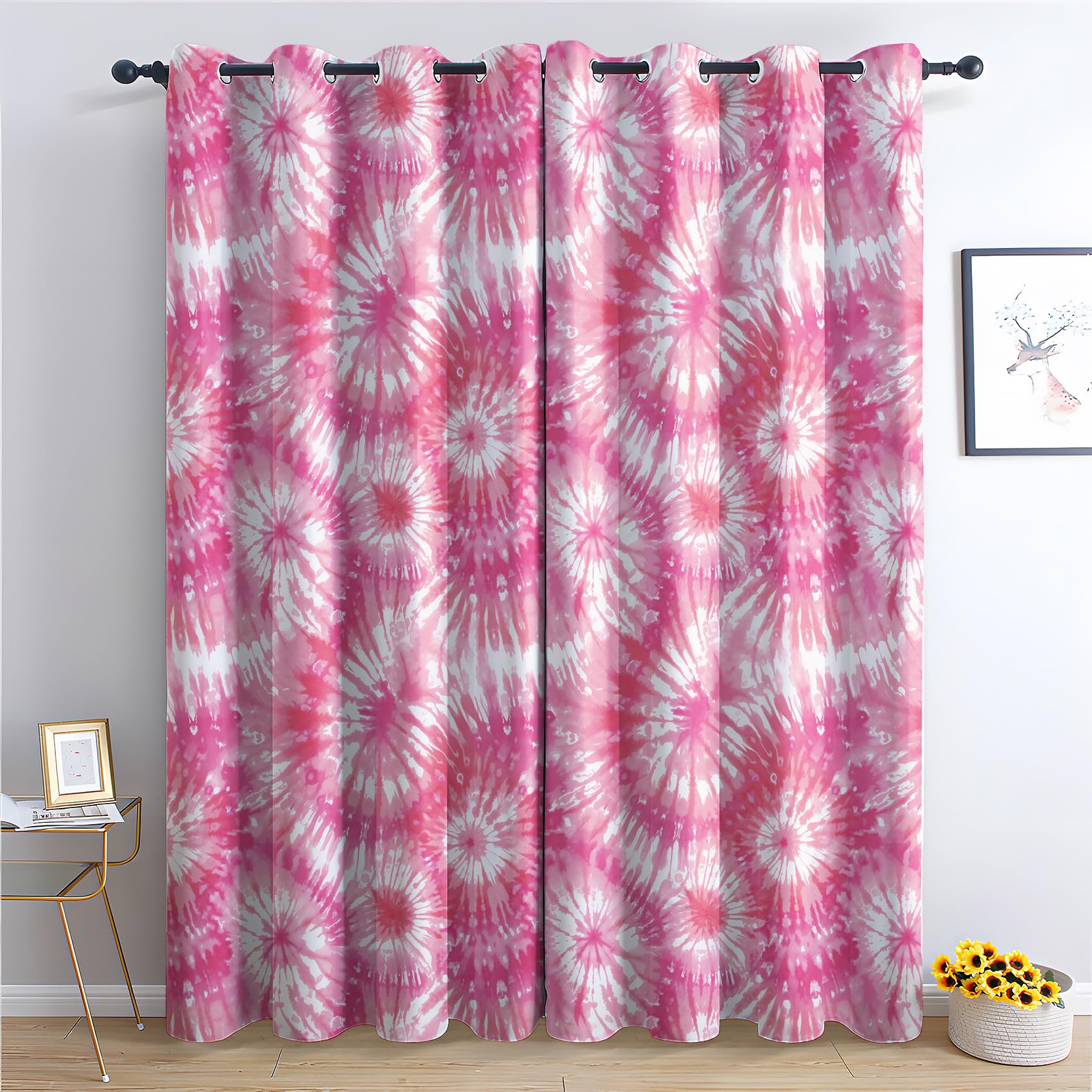 Tie Dye Curtains for Bedroom Living Room - Girls Pink Blackout Curtains 66x90 Inch (Width x Drop), Thermal Insulated Eyelet Curtains & Drapes, Decorative Patterned Window Treatments C-#251