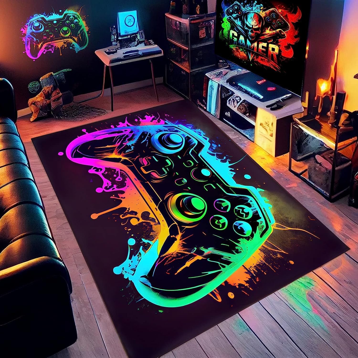 Game 3D Controller Bereich Teppich 120 x 160 cm, rutschfeste Fußmatte Graffiti Spielkonsole Dekoration, Waschbar Gamer Teppich Carpets für Gamer Jungen Teen Schlafzimmer Wohnzimmer (F)