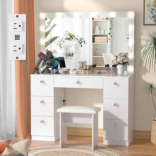 SMOOL Tocador con espejo iluminado, escritorio de maquillaje con toma de corriente y bombillas LED, 3 modos de iluminación de color brillo