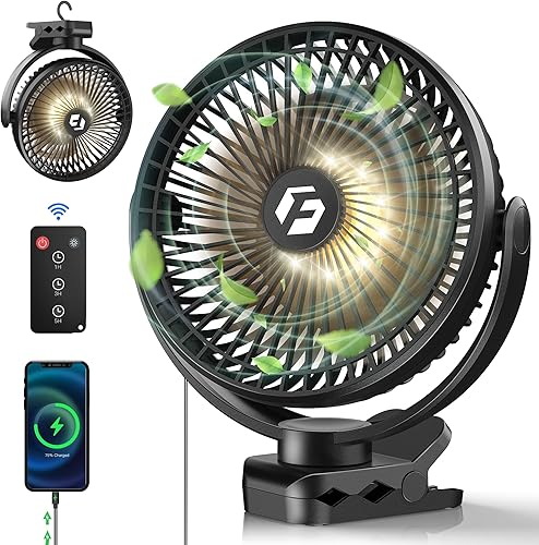 FRIZCOL Ventilador de clip de 8 pulgadas, ventilador de camping portátil de 12000 mAh, ventilador de batería con luces y control remoto,