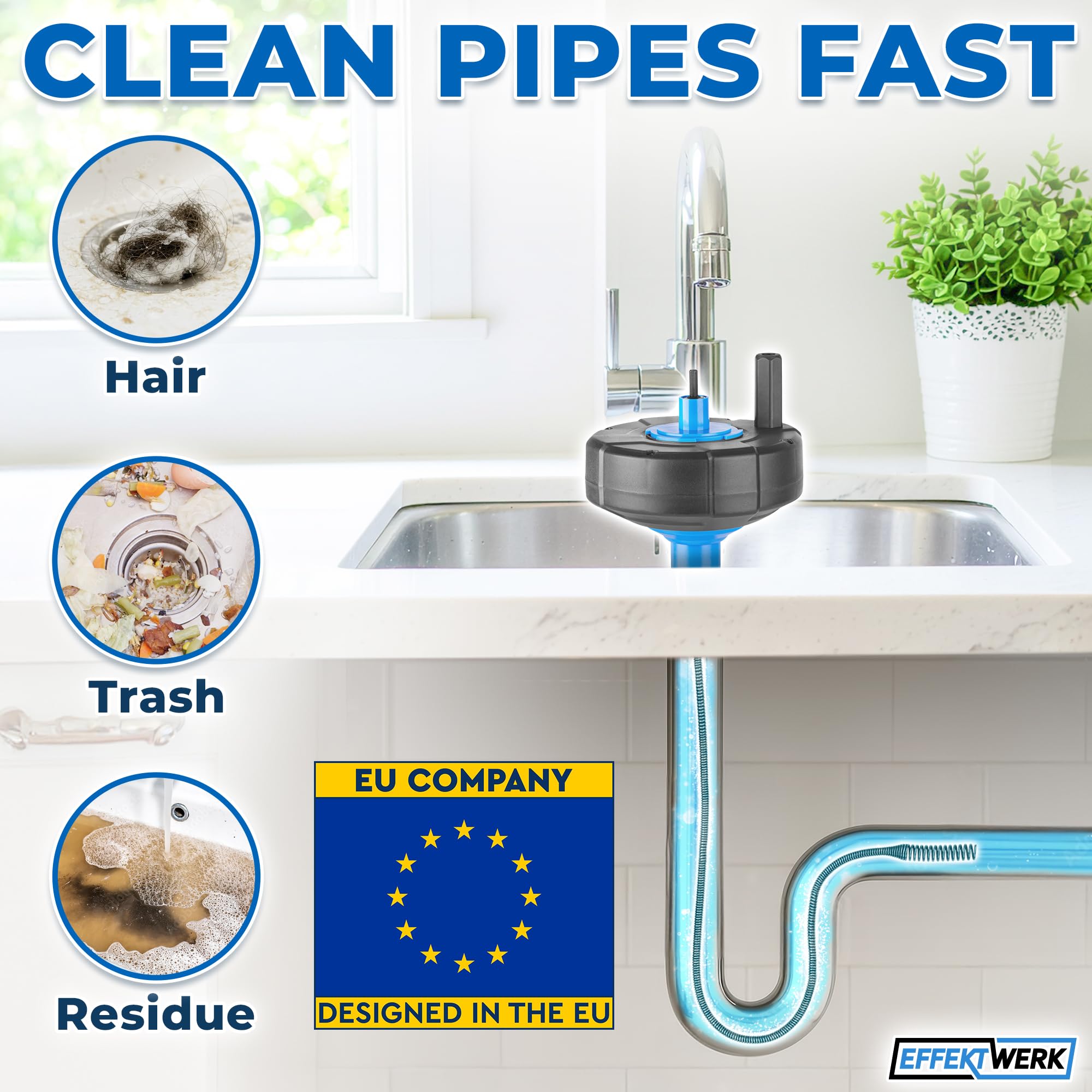 Drain Auger Drill Attachment with 7.6 m Plumbing Snake, Gloves, and Storage Bag - Pipe Clog Remover for Bathtub, Bathroom/Kitchen Sink and Shower Drains