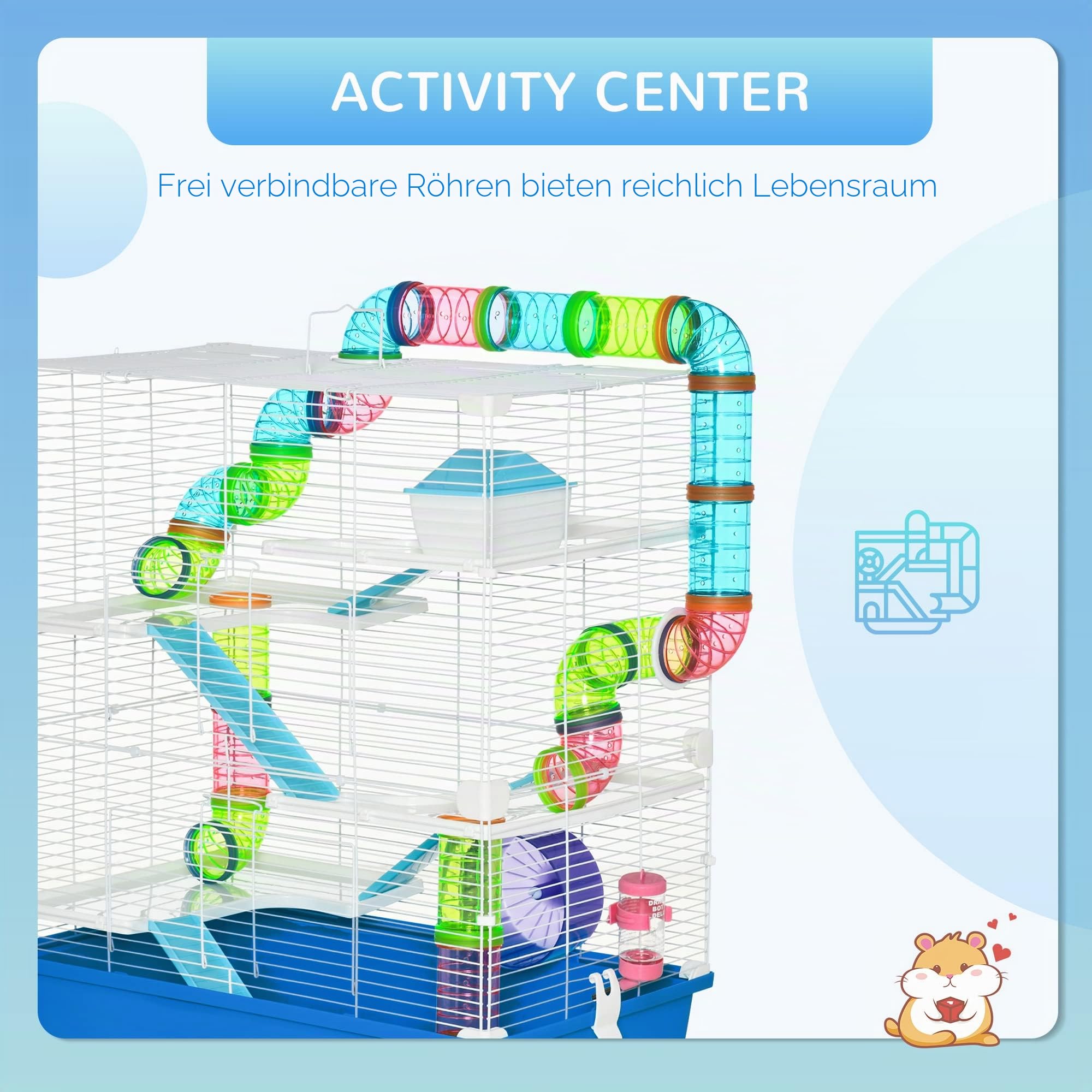 PawHut 5-stöckiger Hamsterkäfig mit Röhren, Käfig, Wassertank, Rampen, Schüssel, Plattformen und Rad, Nagetierkäfig mit 2 Stahlgriffen, PP und PS, 59x36x69 cm, blau und weiß
