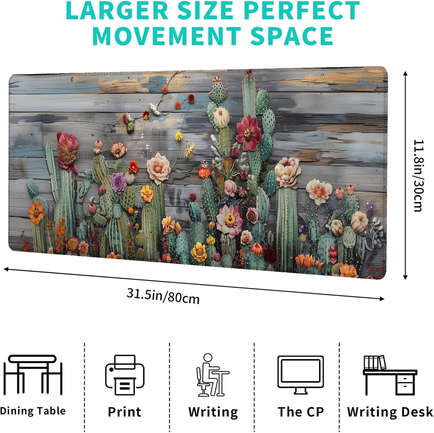 Cactus Gaming Mouse Pad,12x31.5in Non-Slip Rubber Desert Succulent Cacti Desk Mat,Large Extended Mousepad for Office Home Laptop,Mice Pads Gifts,Game Lover Deskmat Decor (Wood Pttern)