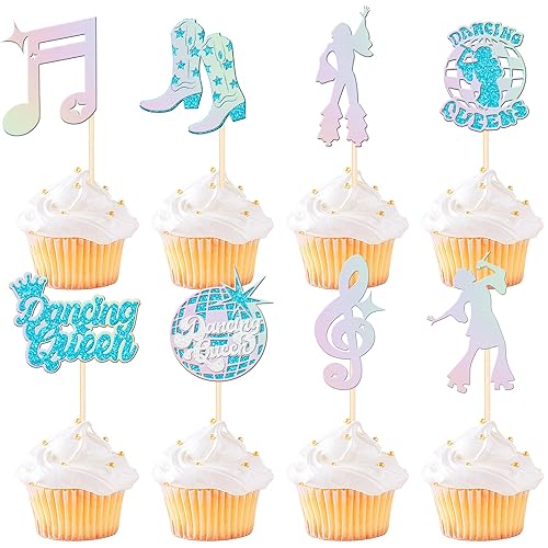 24 piezas de decoración de cupcakes de reina bailarina con brillantina, bola de discoteca, notas musicales, cantante, baile, cupcakes, temática de