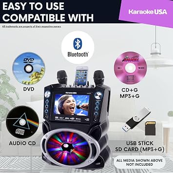 Karaoke Machine with Lyrics Display 7 Screen. CD+G, DVD, MP3+G, MP3, CD & USB. Wireless Bluetooth Speaker with LED Disco Lights. Includes 2 Wired Microphones and 2 Bonus Karaoke Discs By Karaoke USA