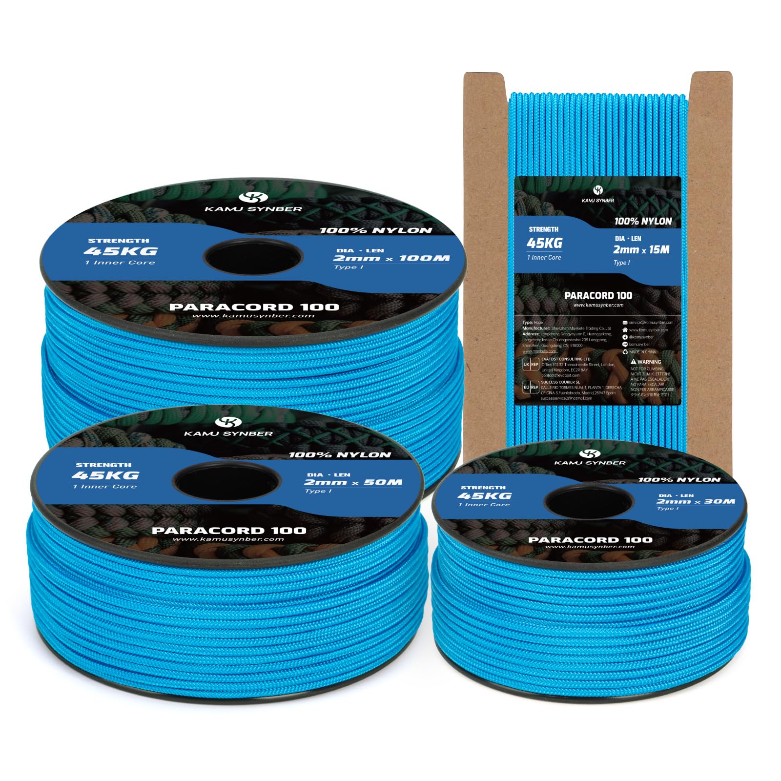Kamu Synber 2mm Paracord 50M 100% Nylon Rope 1 Strand Type I Parachute Cord for Crafting, Outdoor, DIY, Camping | Support 45kg | Blue