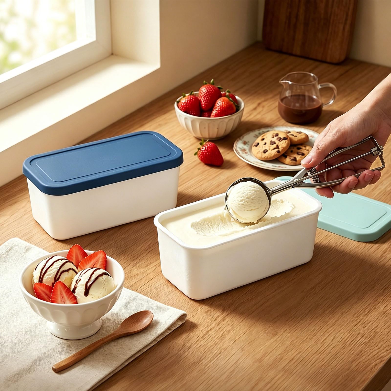 Contenitori per congelatore da 1 litro per gelato, set da 2 pezzi, contenitore per ghiaccio fatto in casa, contenitore per congelatore con coperchio, impilabile, contenitore per gelato, gelato, gelato