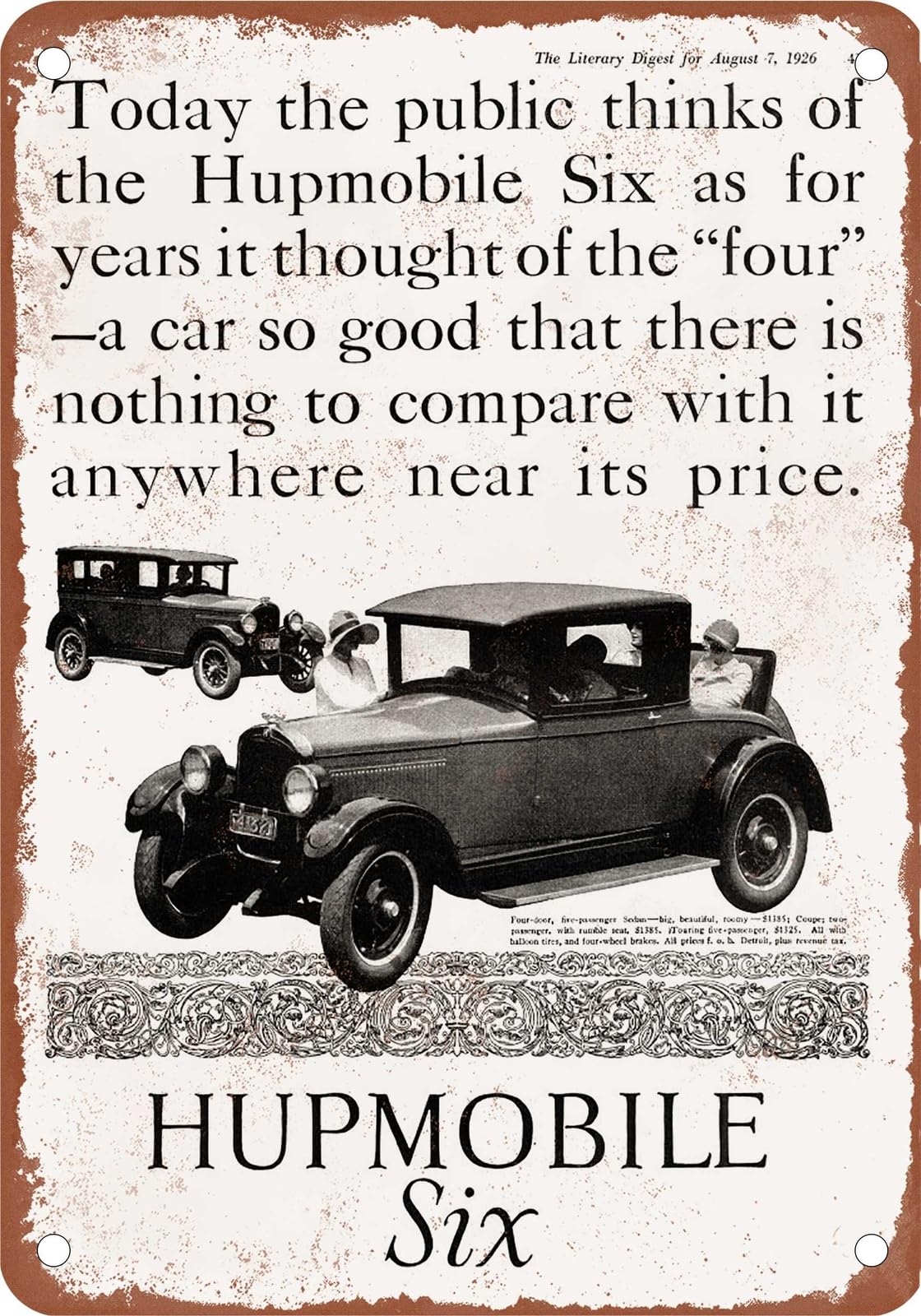 Miaomansenstore Metal Sign - 1926 Hupmobile Vintage Ad 04 - Old Retro Rusty Look Home Decor