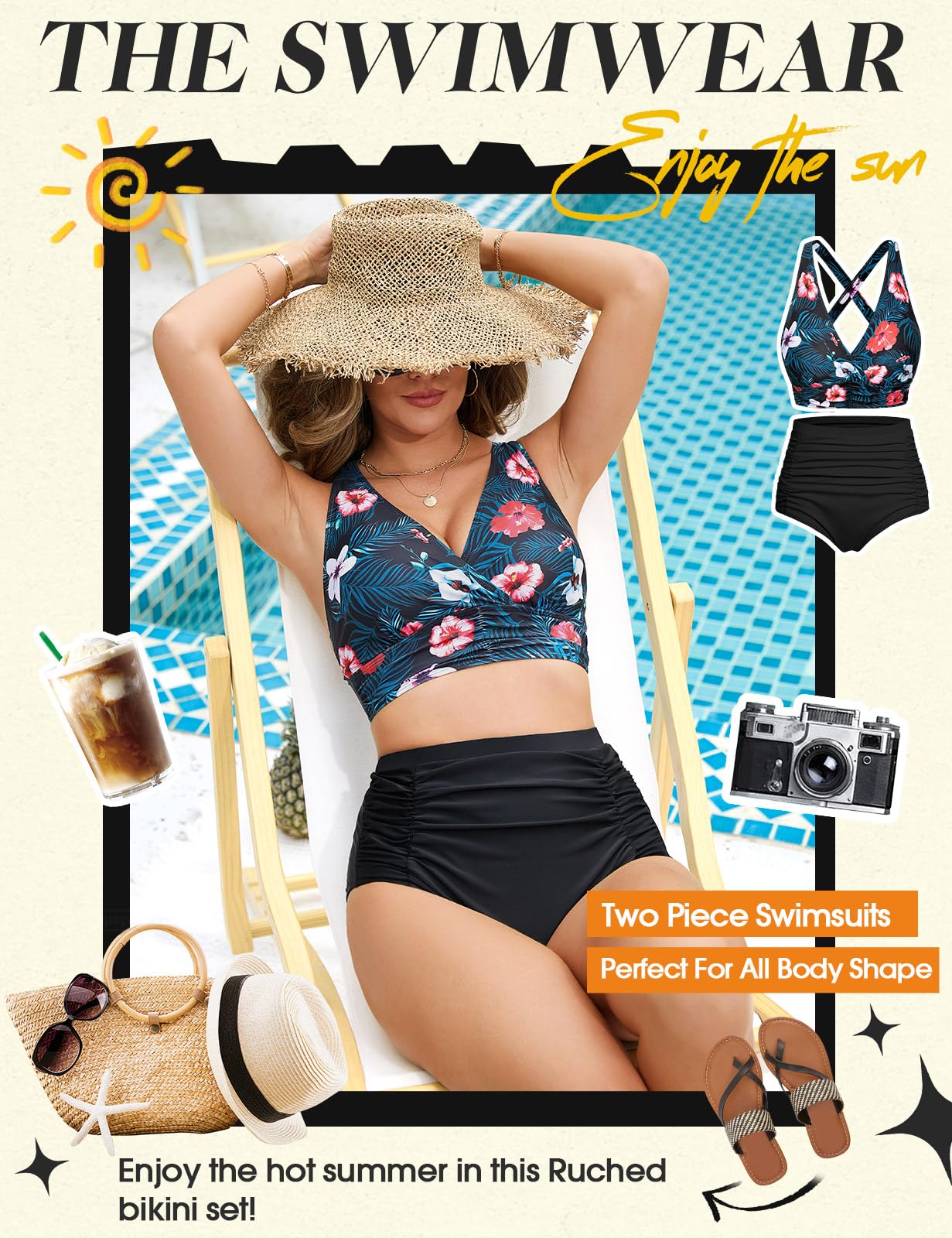 Voqeen Femme Maillots de Bain Deux Pièces Push-up Ensembles Taille Haute Bikini Set Froncé avec Contrôle du Ventre Col V Élégant