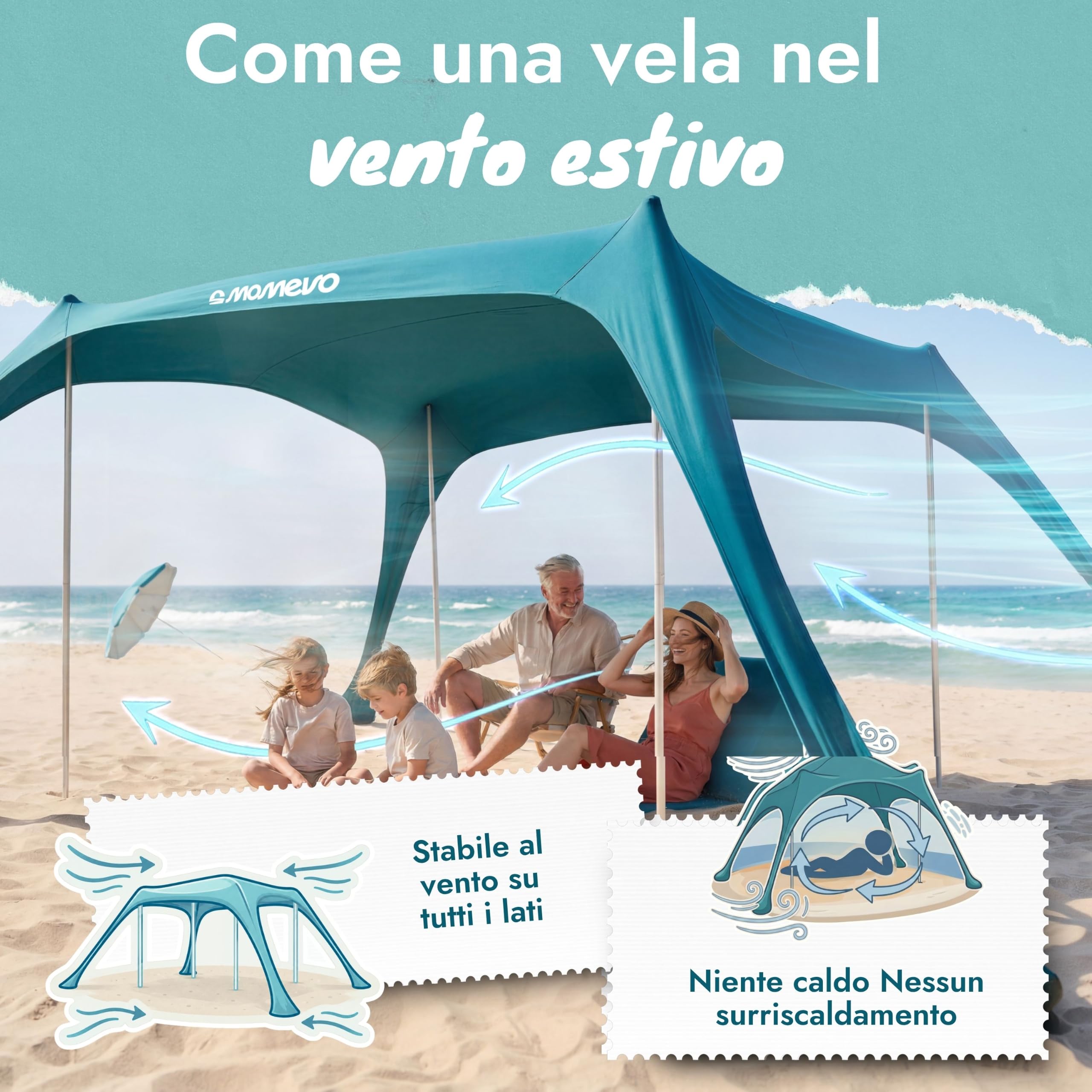 Sunsail Tenda da Spiaggia UPF50+ – Parasole ideale per mare e campeggio (fino a 6 persone, blu petrolio)