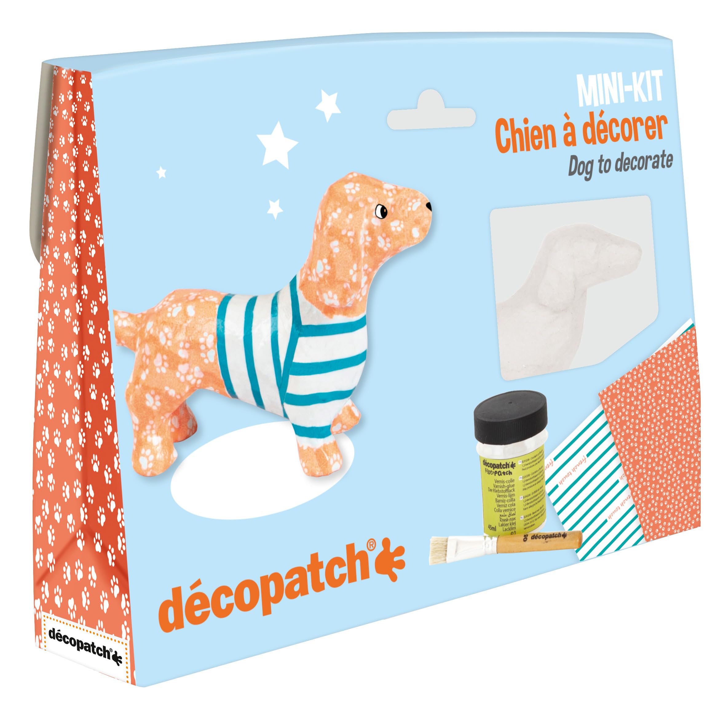Decopatch KIT026C - Un mini KIT che include un animale in cartapesta bianca, 2 fogli Decopatch, un pennello e un vasetto di colla vernice, Bassotto