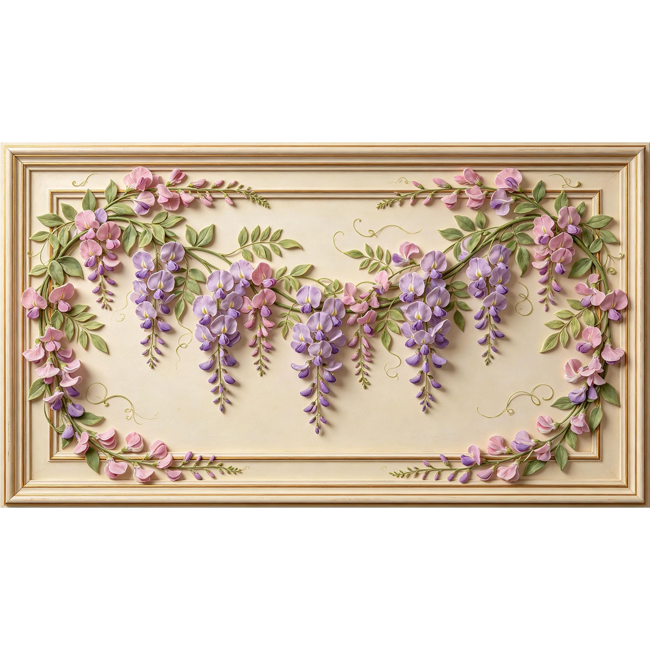 QZLITHOTIC 50x90cm3D Framed Wall Art， Botanical Wisteria Floral Vine Pattern Self‑Adhesive Mural， Water‑Activated Peel & Stick Fabric Decor Wall Decal for Bedroom Living Room