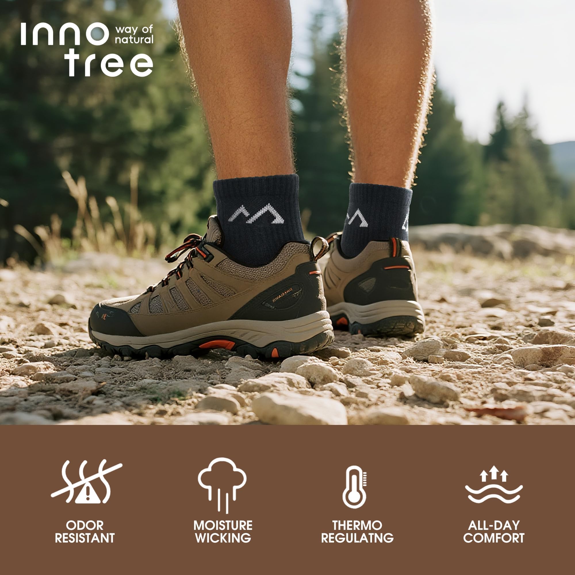 innotree Calzini da trekking in lana merino, per uomini e donne, a compressione a quarto alla caviglia, con cuscino spesso, traspiranti, anti odore, 5 paia