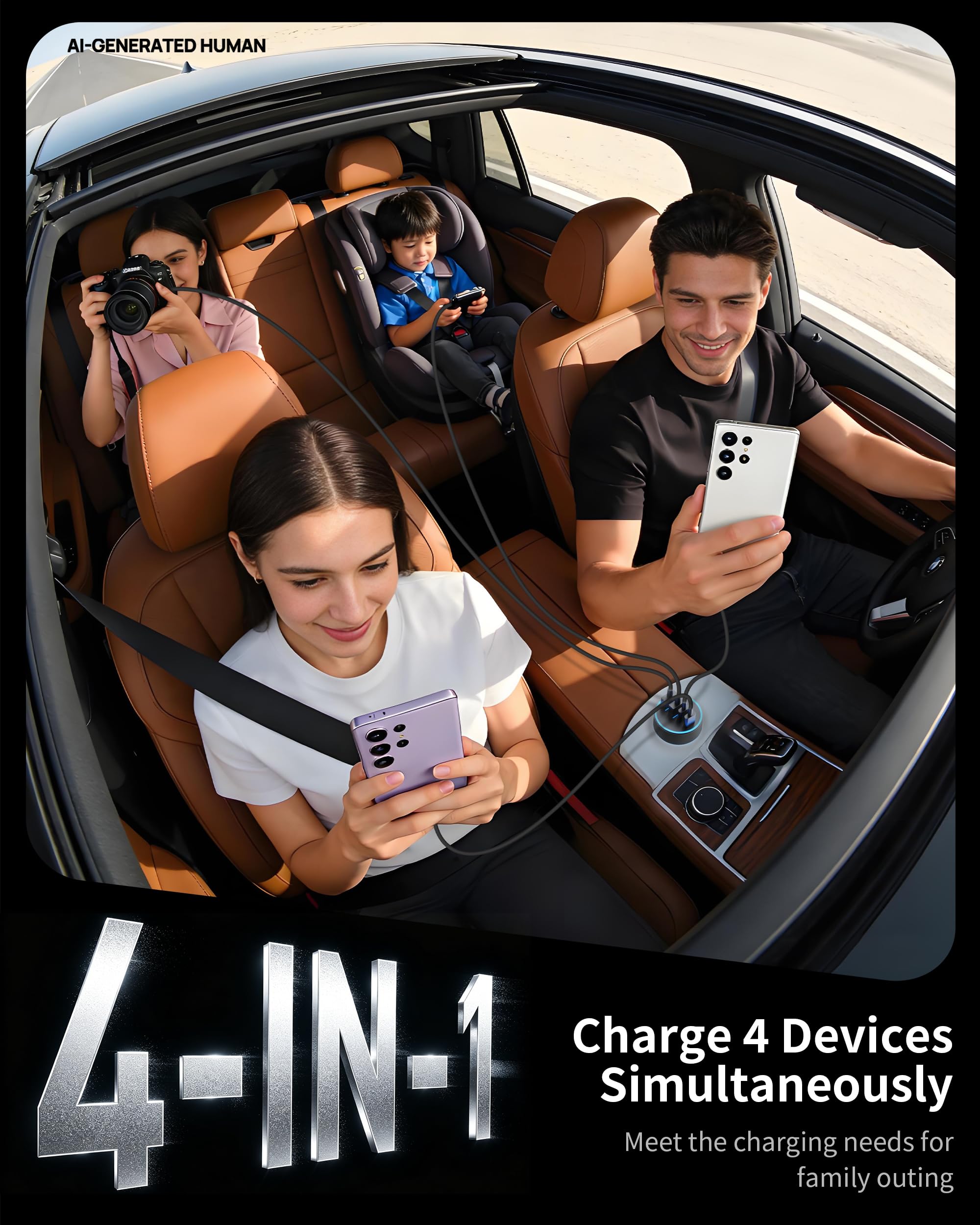 USB C Auto Ladegerät, 2 Pack 90W 4-Port Super Fast Zigarettenanzünder Adapter | Kfz-Ladegerät USB C, 4-Port 90W Super Fast Charging Car Phone Charger Adapter