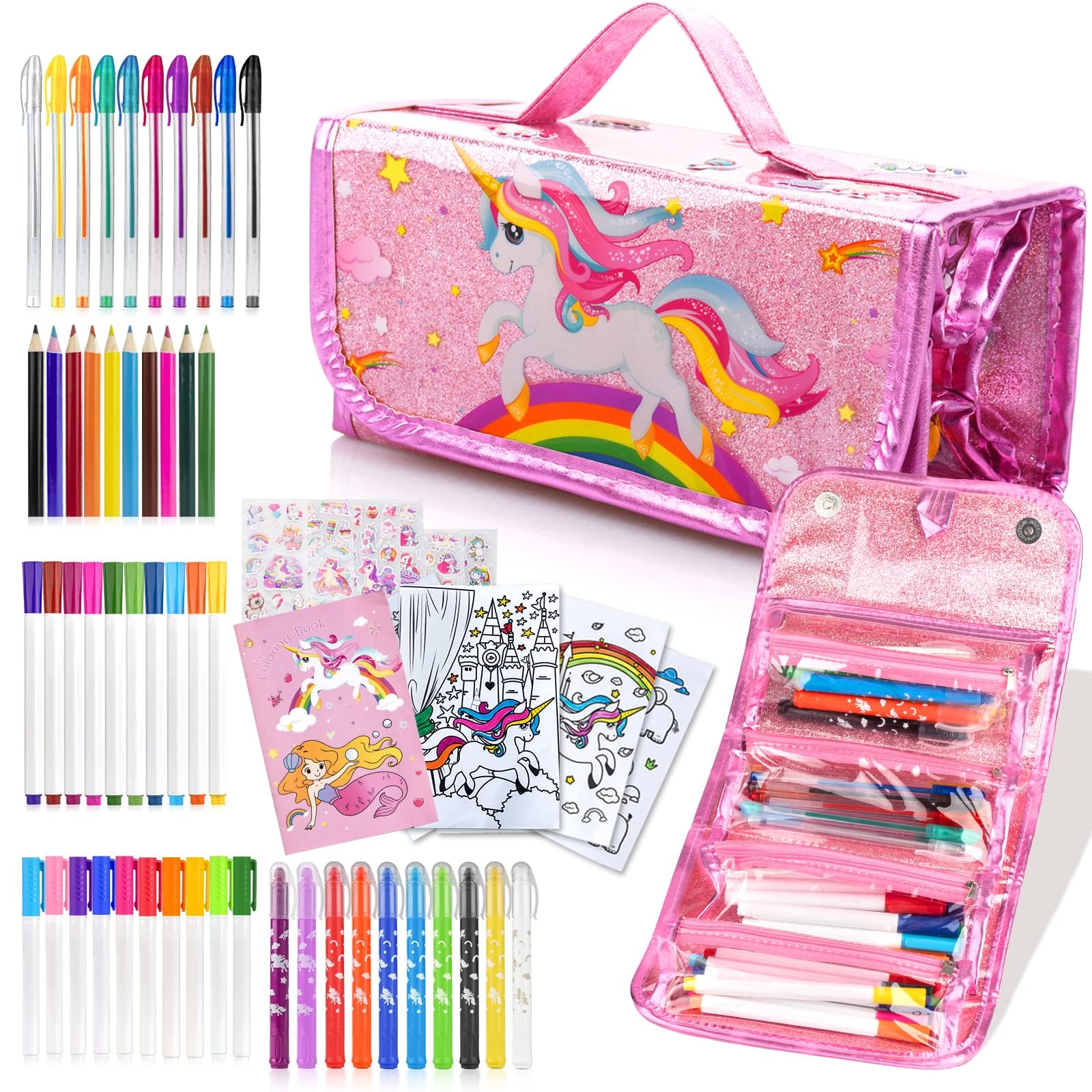 ARANEE Estuche Escolar de Unicornio, Regalo para Niños de 3-10 Años, 60pcs, Marcadores con Aroma A Frutas, Juguetes, Papeleria, Bolígrafos de Colores, Crayones Bonitos, Cuaderno, Pegatina