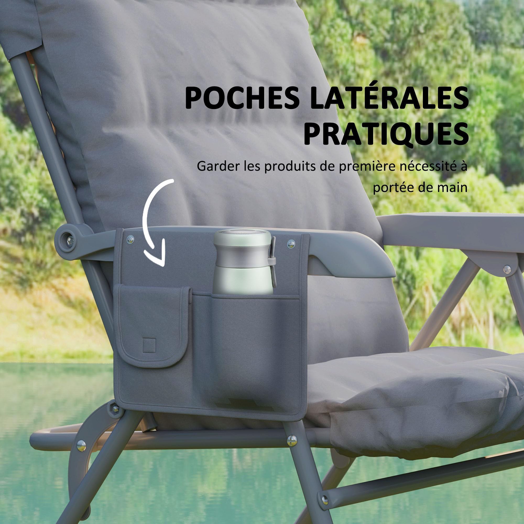 Outsunny Chaise Pliante Camping, Chaise de pêche avec siège rembourré, Dossier Haut réglable et Poches latérales, Fauteuil Pliant pour randonnée, pêche, Plage et Pique-Nique, Gris