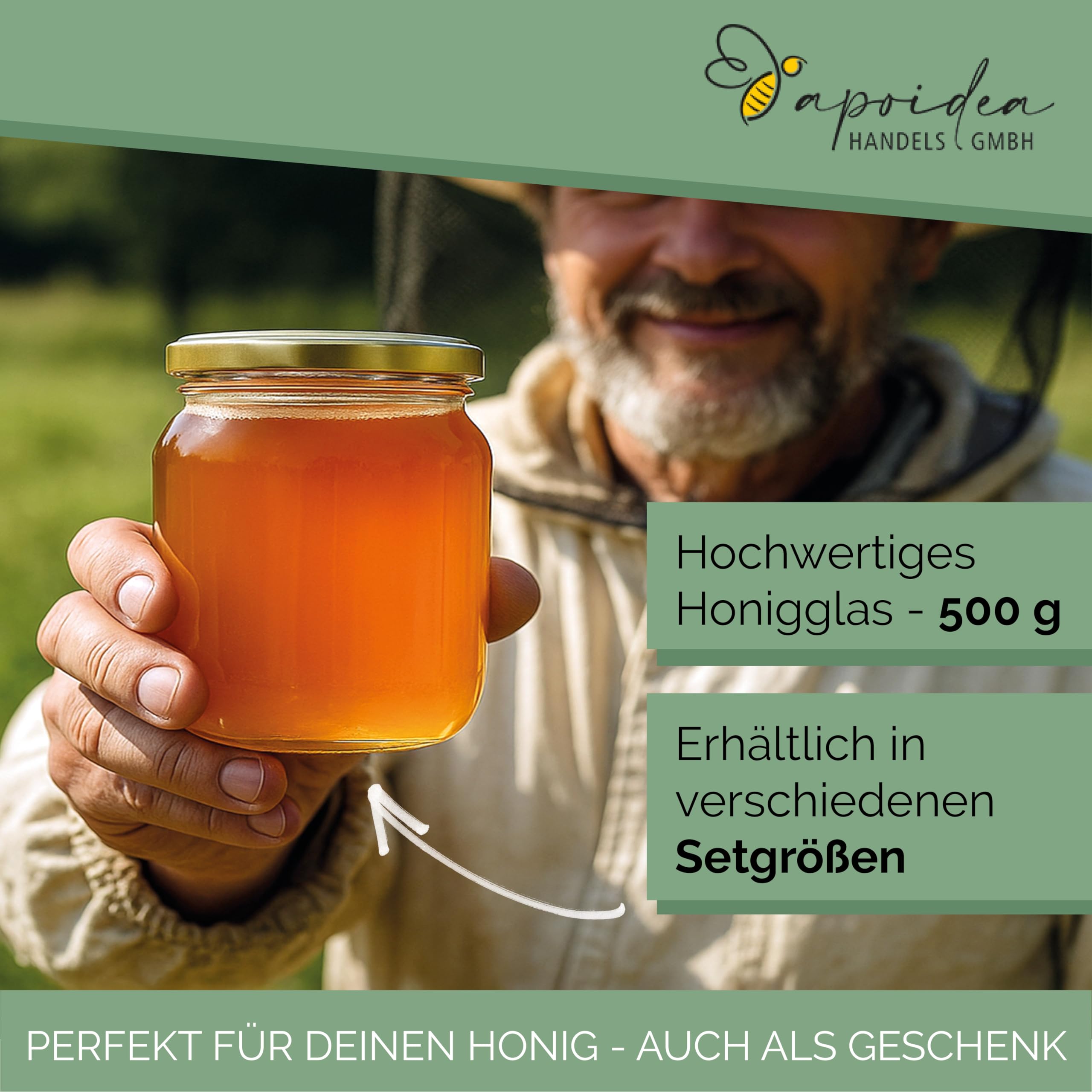 Apoidea – Honiggläser 500g mit 82er Twistoff Deckel 96 Stück - Rundglas 500g mit Deckel - hochwertiges Honigglas für Ihren eigenen Honig