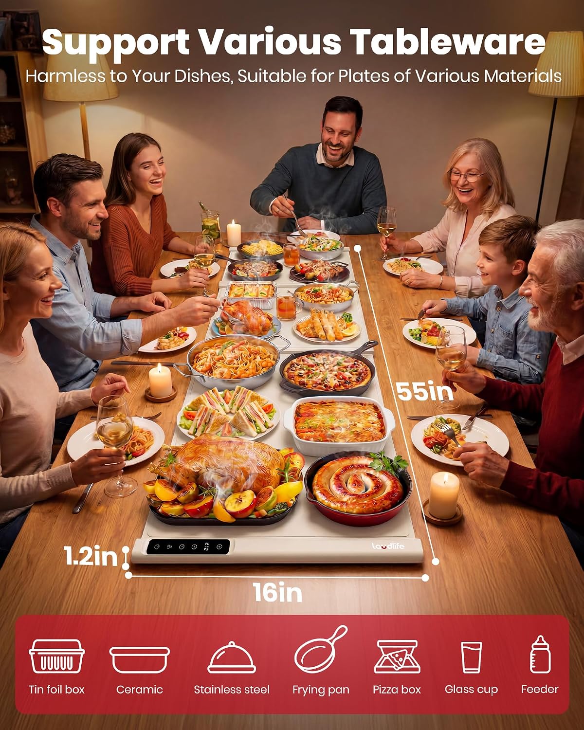 Spliced Modular Food Warming Mat, 3-in-1 Expandable 55" Area | Silicone Portable Warmer for Parties, Buffet & Countertop Trays, Beige