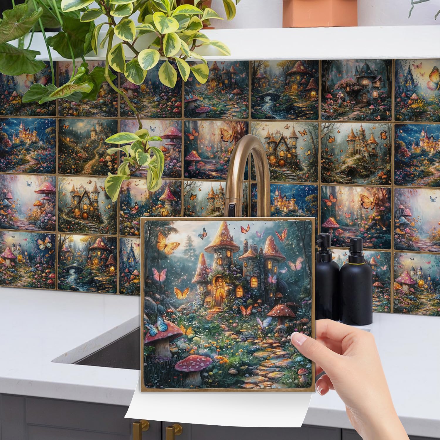 Tile Stickers Datura Stick On Tiles,PVC Floor Tiles Self Adhesive,Waterproof & Oil-Proof Peel and Stick Wall Tiles,Stick On Tiles Kitchen,DIY Backsplash Decor 24 PC(20x20cm)