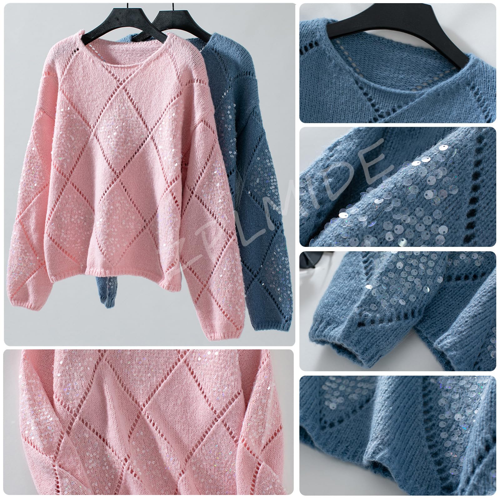 Damen-Pullover, gehäkelt, elegant, lässig, ausgehöhlt, Glitzer-Strick, leicht, gemütlich, Pailletten-Pullover, Tops, Herbstkleidung