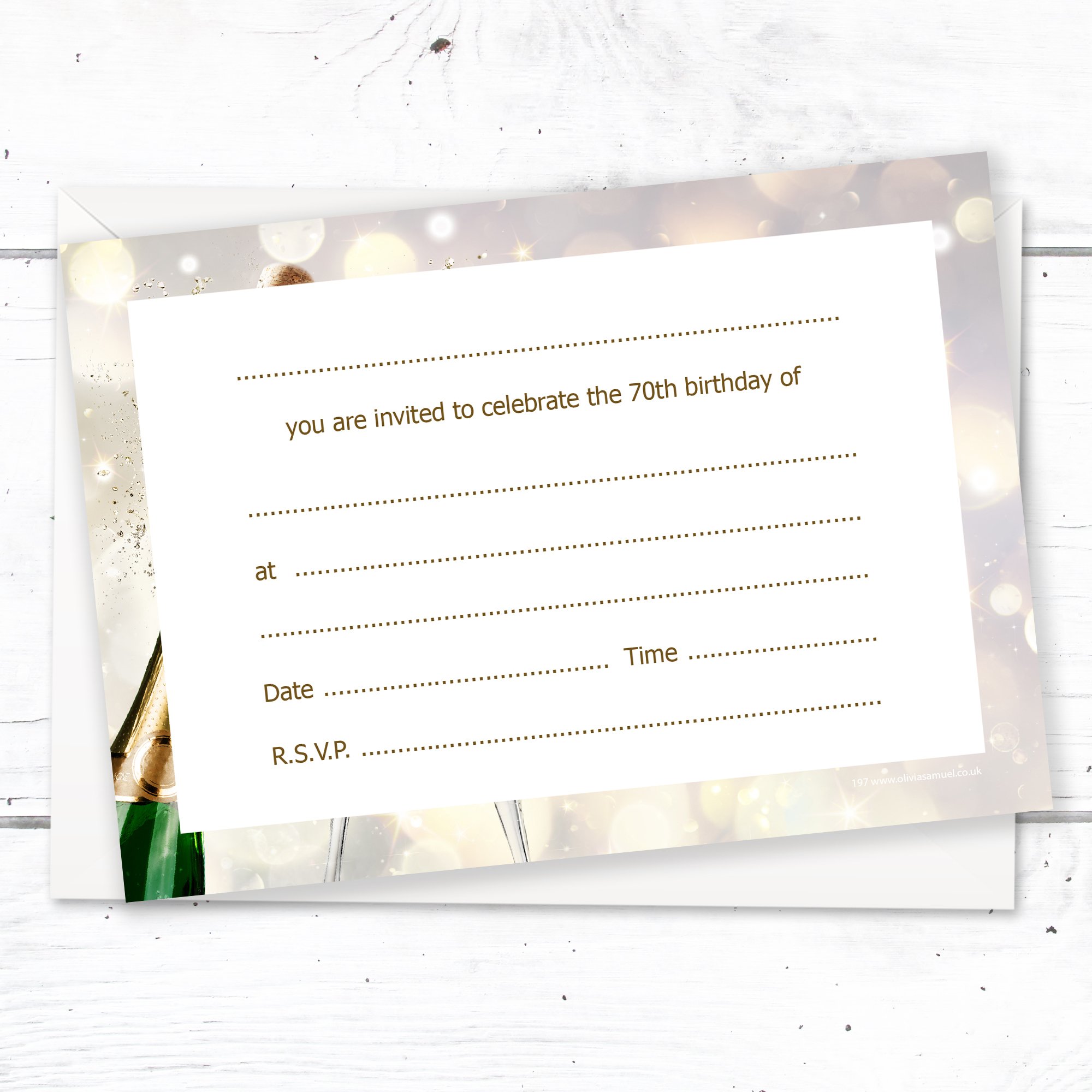 Olivia Samuel - Cartones de invitación para 70 cumpleaños, diseño de champán, listo para escribir con sobres