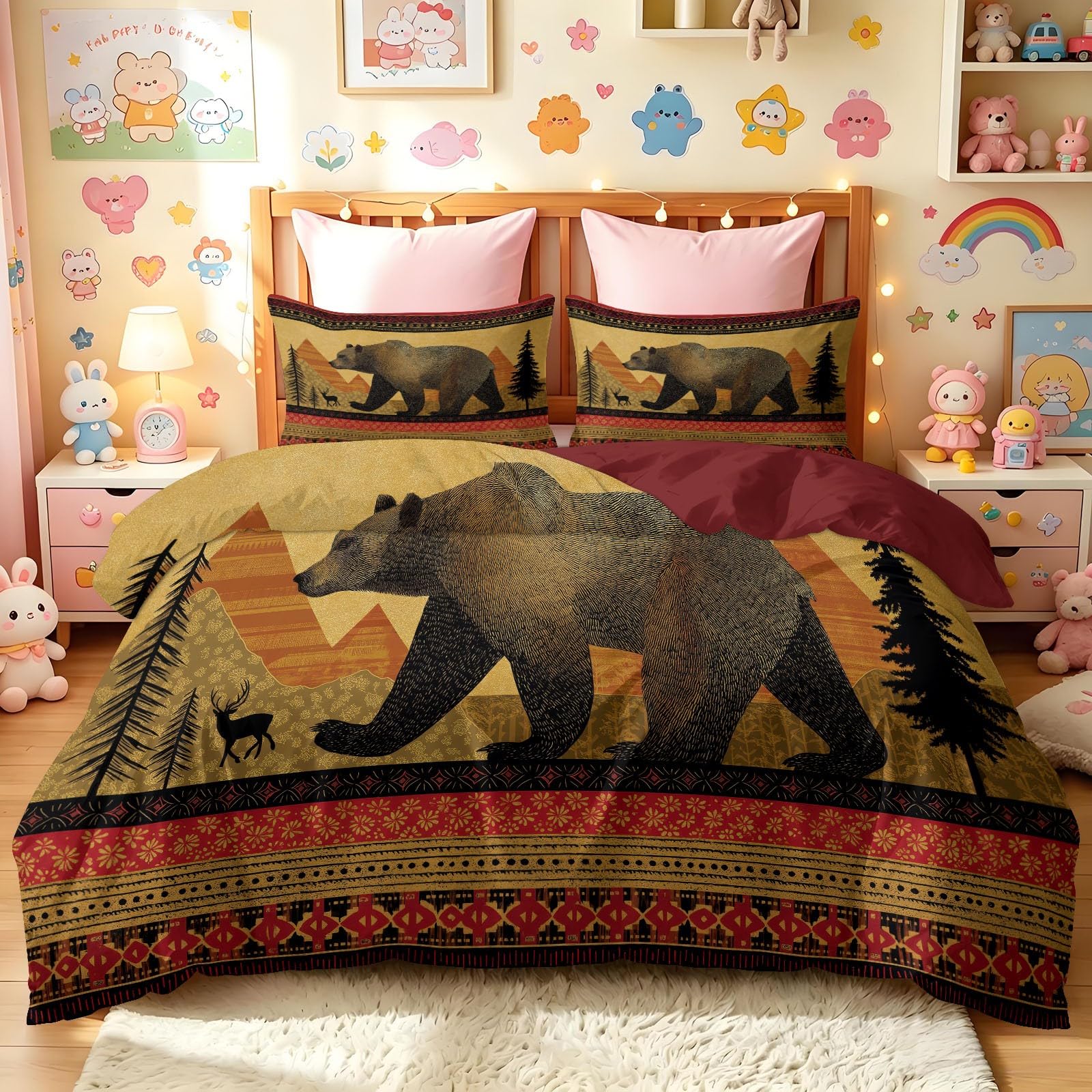 Pościel dla nastolatków 180 x 200 cm, wzór lasu Grizzly Berg, zestaw pościeli z mikrofibry, vintage, tajemnicza, miękka, przyjazna dla skóry, poszewka na kołdrę z zamkiem błyskawicznym i 2 poszewki na
