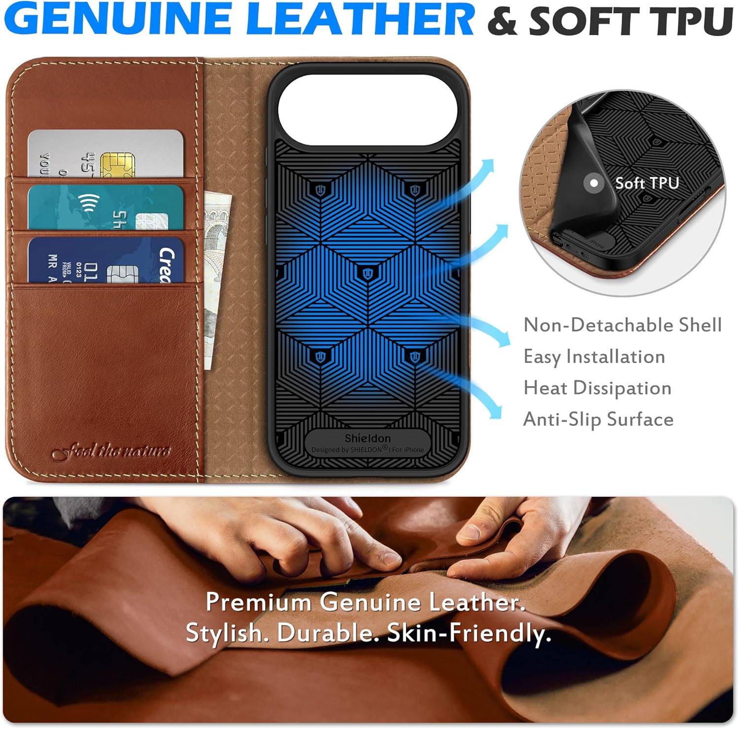 SHIELDON Case Wallet for iPhone Air 6.5" 2025 | Genuine Leather, Folio Magnetic Cover, RFID Blocking Credit Card Holder, Kickstand, TPU Shockproof Phone Shell - Retro Brown