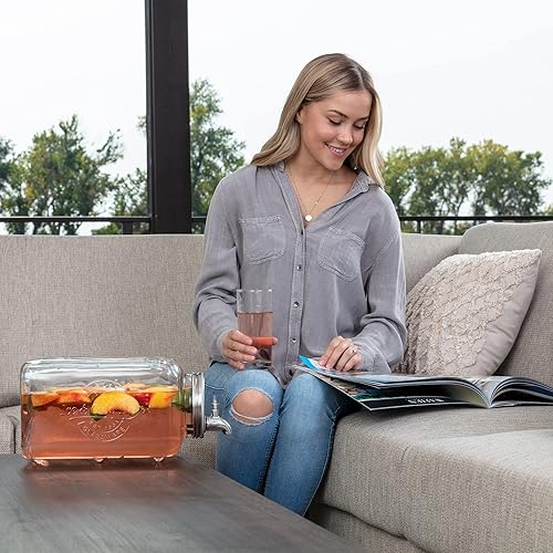 Miniatura 7 de Le'raze Dispensador de bebidas de vidrio de 1.5 galones, moderno, transparente y de acero inoxidable, dispensador de gravedad con espita de acero