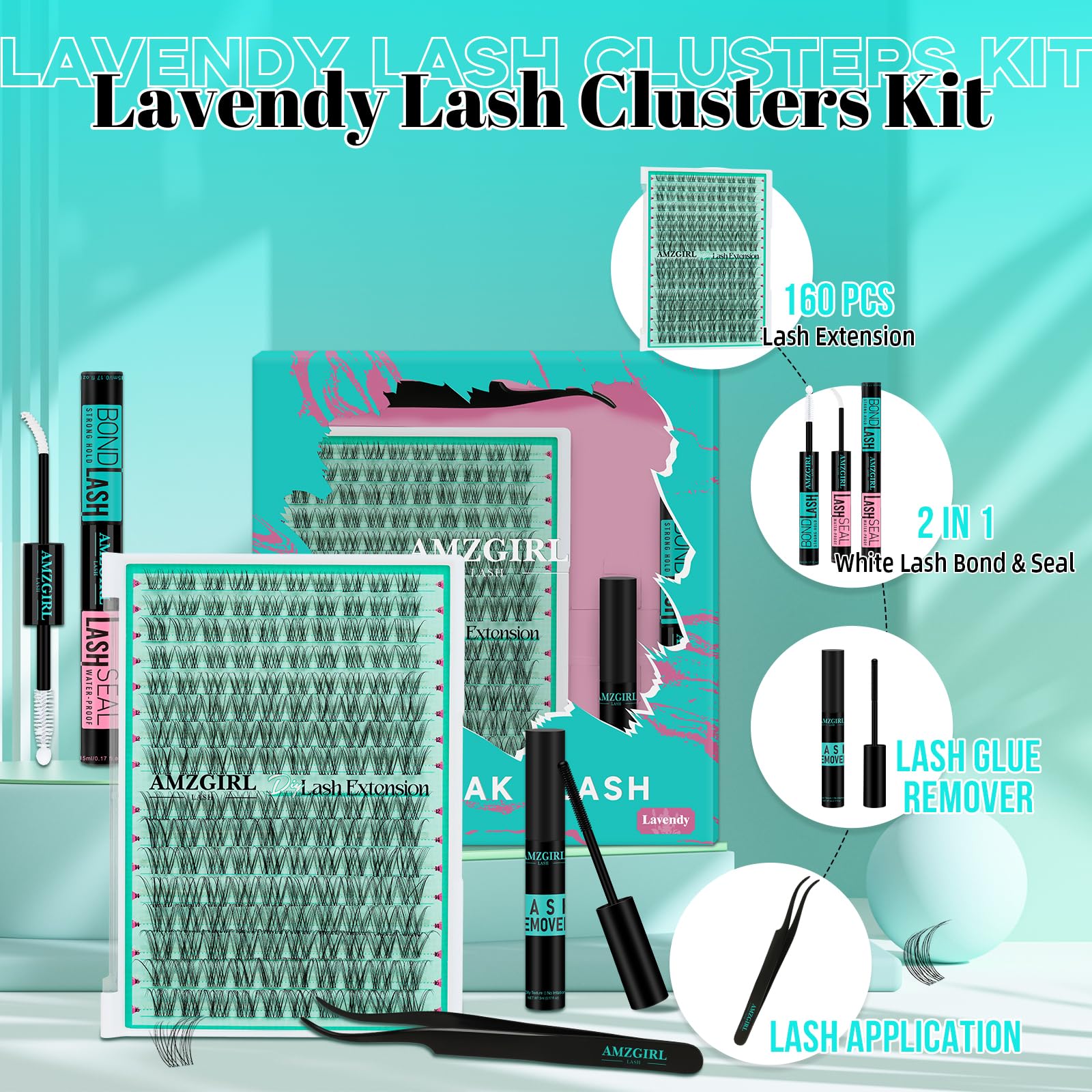 Kit Extension Ciglia 160PCS Kit Ciglia Finte Ciuffetti naturali con colla bianco delle ciglia, rimozione della colla per ciglia e applicatore, Ciglia Finte banda larga invisibile(Lavendy, D-Mix8-16mm)