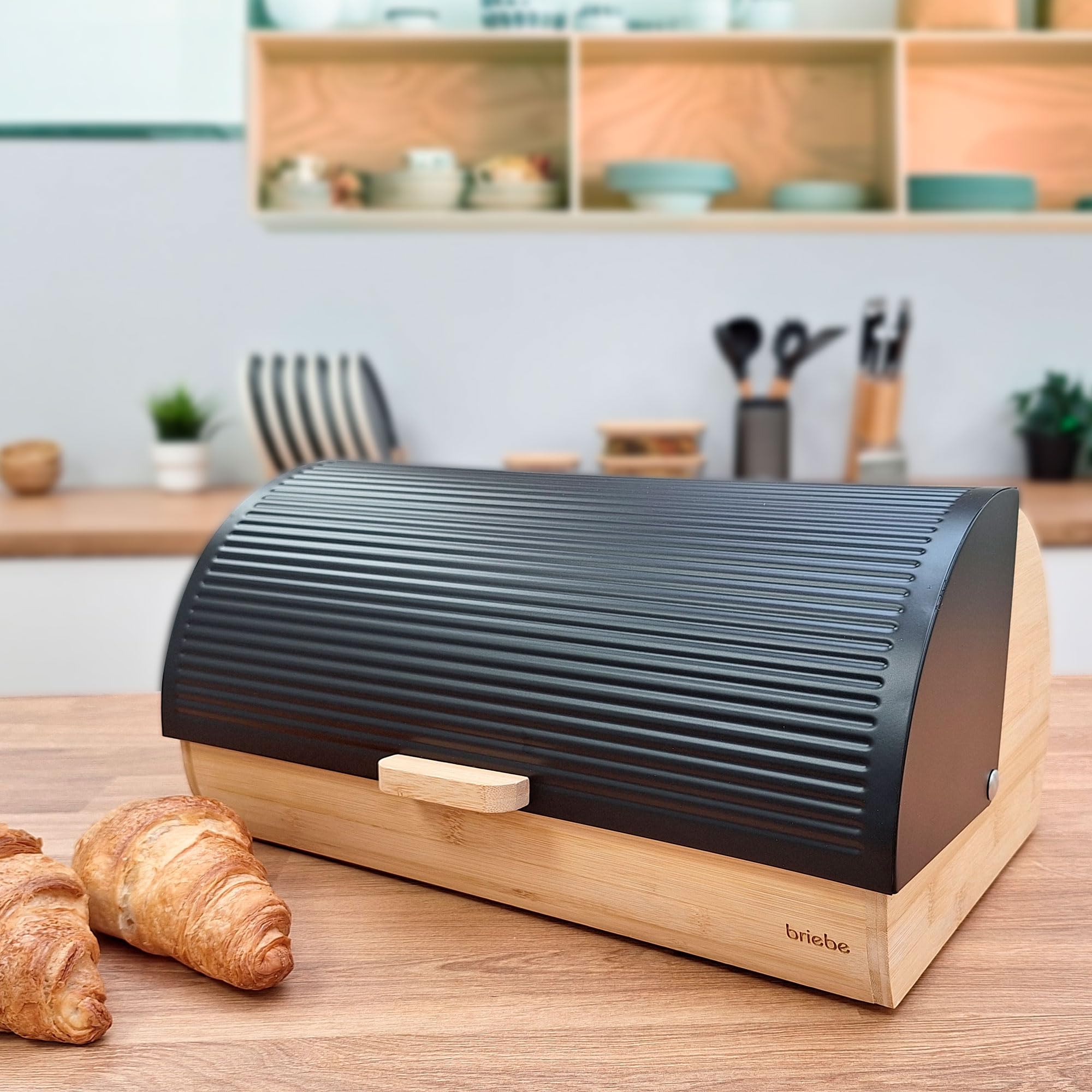 briebe Nordic Boîte à Pain en Bois de Bambou, Couvercle Coulissant pour Conserver le Painen, Bread Box pour le Rangement des Viennoiseries, Design Nordique Moderne, Noir