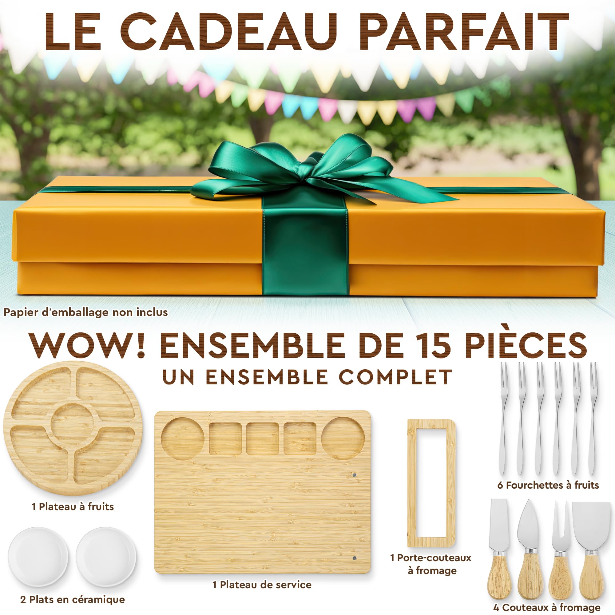 Coffret cadeau de planches à charcuterie de luxe - 15 pièces, bambou - Grande planche à fromage + plateau pour la fête des Mères, un anniversaire, une pendaison de crémaillère, une fête prénuptiale