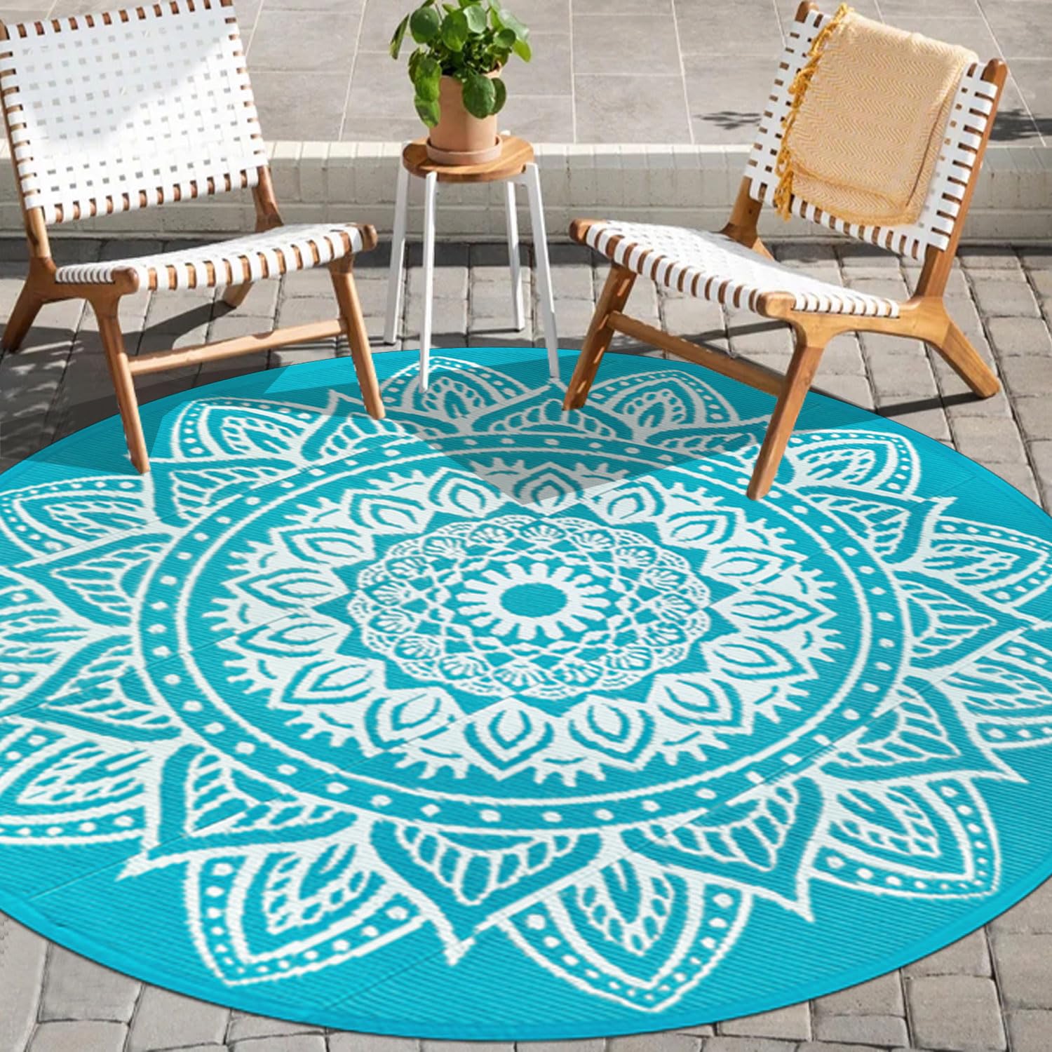 famibay Round Outdoor Rug 6Ft Outdoor Plastic Straw Rug Boho Round Patio Rugs Outdoor Waterproof Reversible Camping Rug Potable Lightweight Circle Outdoor Rug for Patios Backyard Camping Porch(Teal)