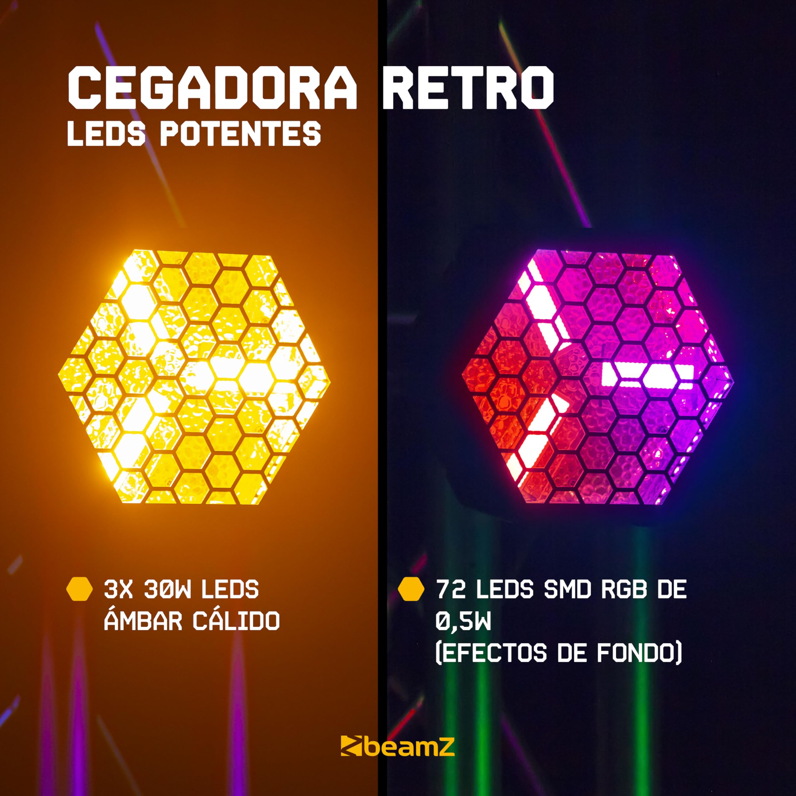 BeamZ RB90 - Pack 7 Cegadoras Retro LED RGB Blanco Calido 3x30W DMX 16/34 Canales 72 LED SMD RGB Dimmer Lineal 100% Efectos Automaticos Master Slave Iluminacion Escenica Profesional
