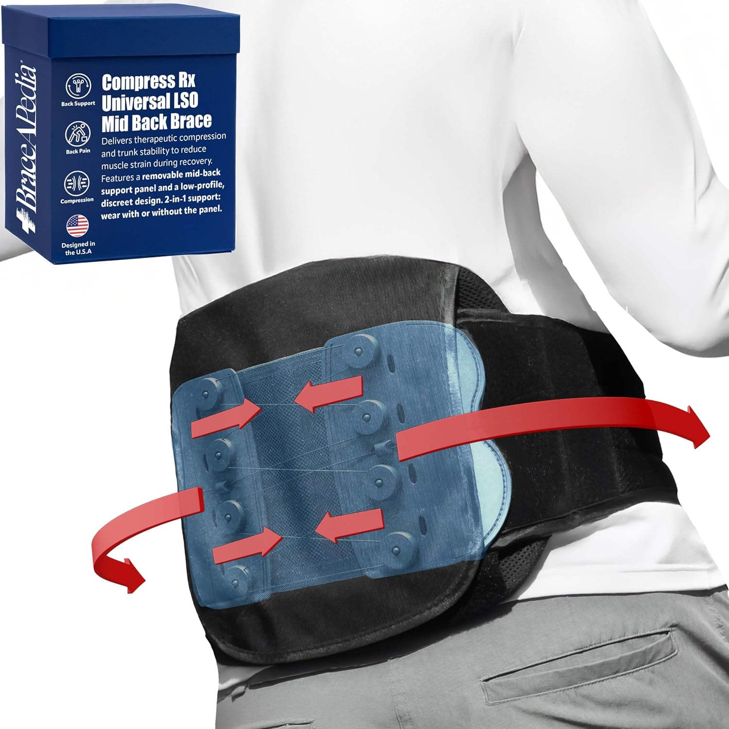 CompressRx Universal LSO Lower Back Brace for Women & Men - Adjustable 2-in-1 Lumbar Support Belt - Breathable Design Back Brace Support for Stability & Posture - Universal Fit