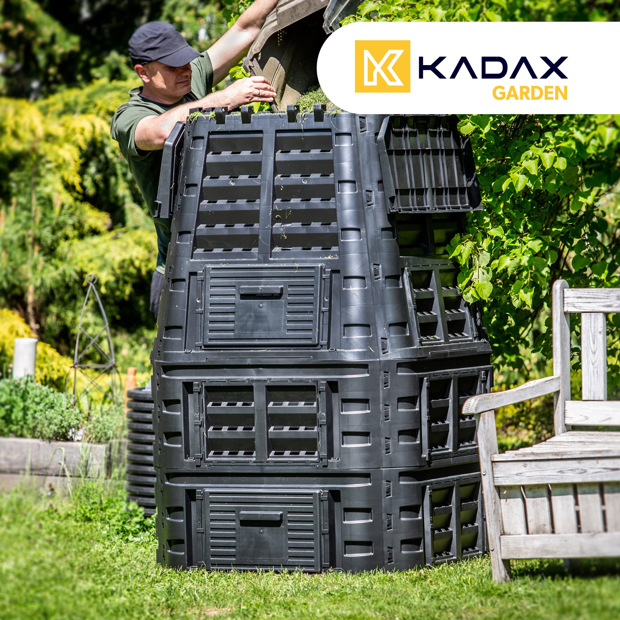 KADAX - Compostador de jardín 1000L, una solución ecológica y práctica para transformar sus residuos orgánicos en fertilizante natural, bandeja de compost (Negro)
