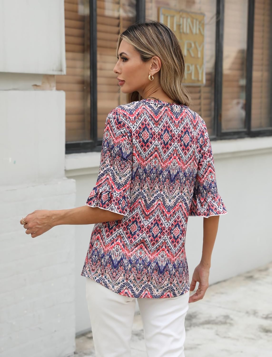 Zeagoo Womens Tops Casual V Neck Shirts Floral Solid Blouse Ruffle Tunics 3/4 Sleeve Tshirt S-XXL - Image 4