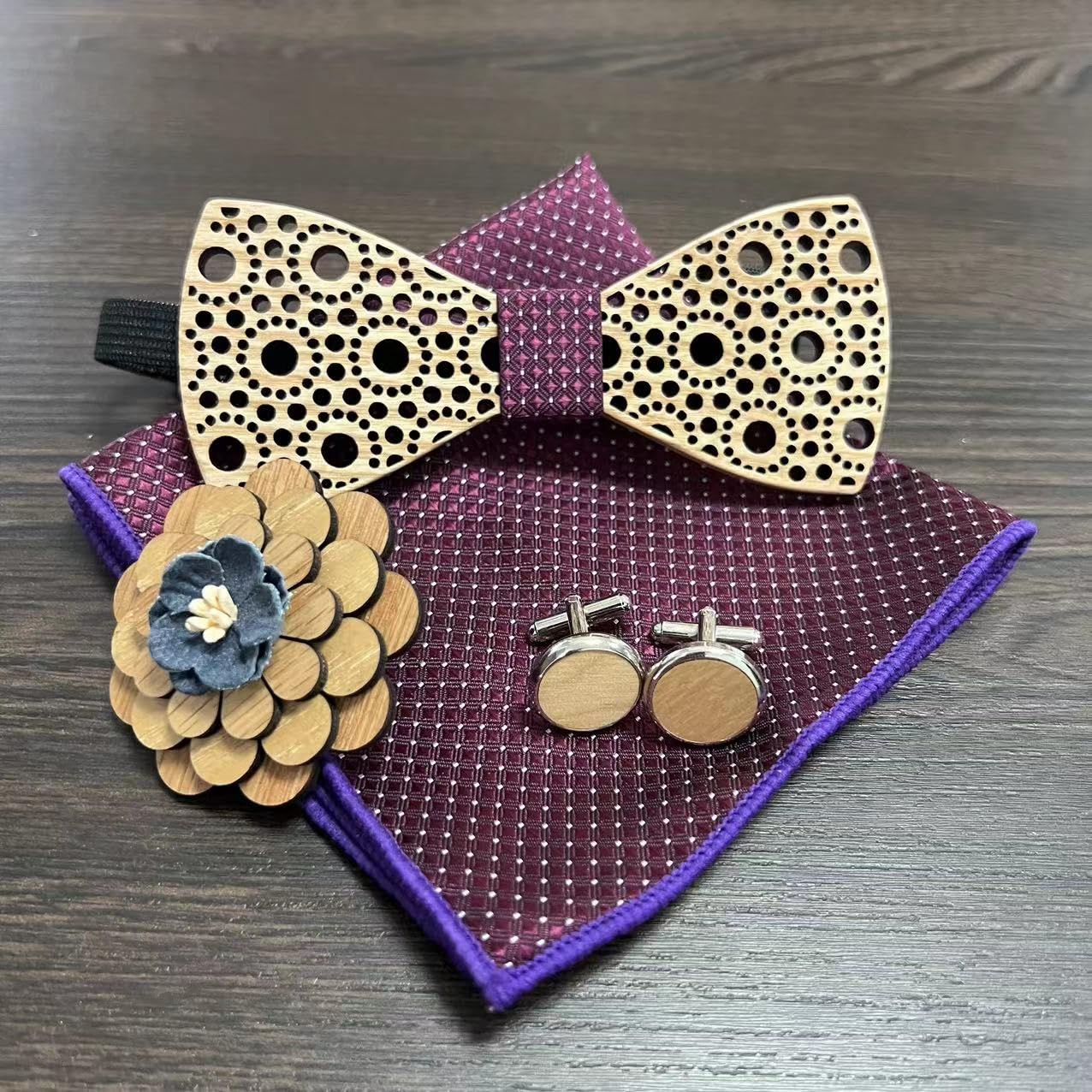 Papillon in legno, set di 4 pezzi, papillon in legno, gemelli + spilla + quadrato da tasca, accessorio alla moda
