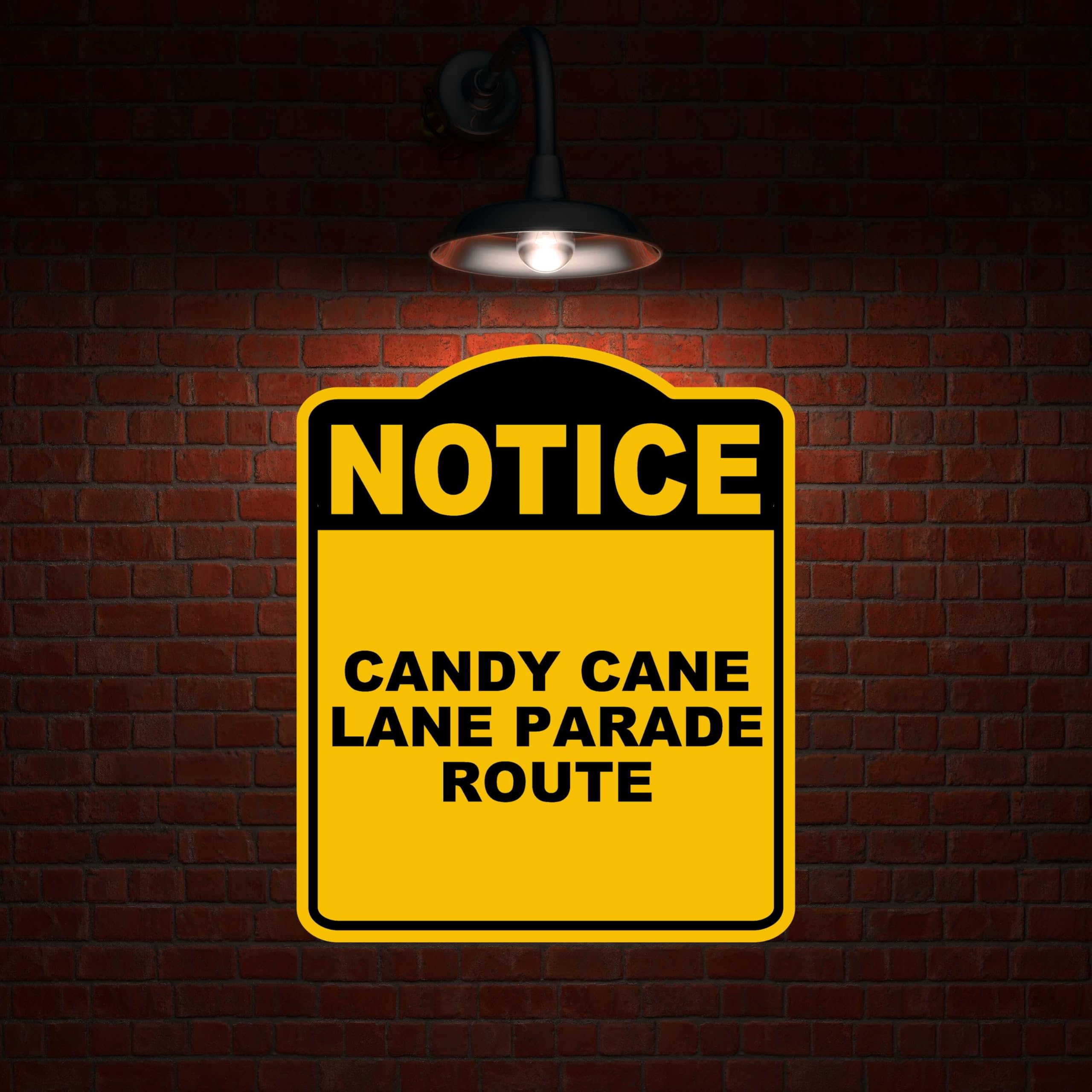 CANDY CANE LANE PARADE ROUTE Notice Yellow Black Aluminum Composite Sign 8.5 x 10 inches