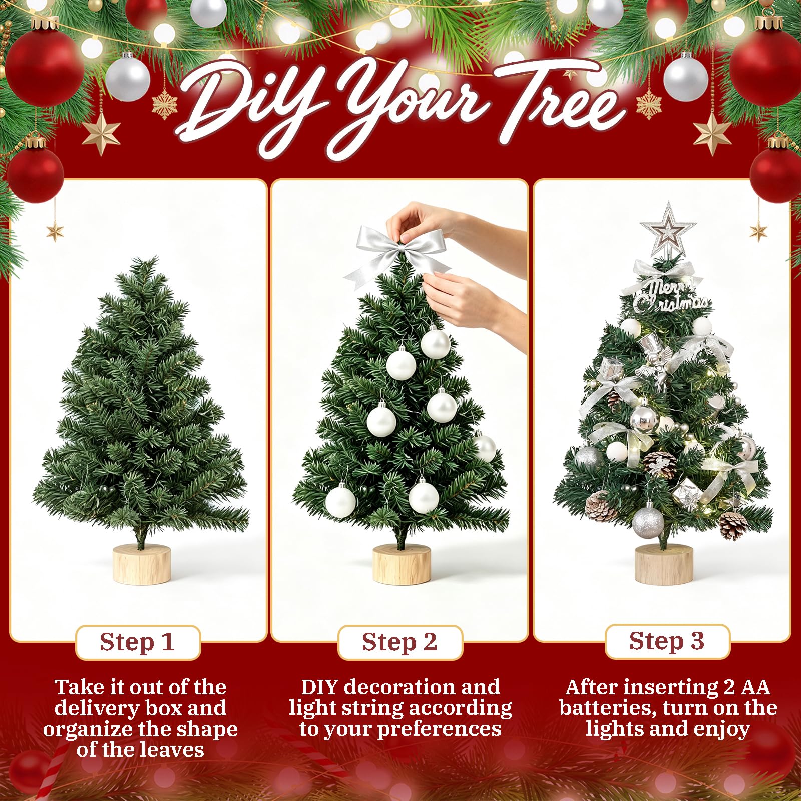 Mini sapin de Noël de table de 61 cm avec lumières | Petit sapin de Noël artificiel avec étoile - Kit de bricolage - Décoration pour la maison et centre de table - Blanc 60C06