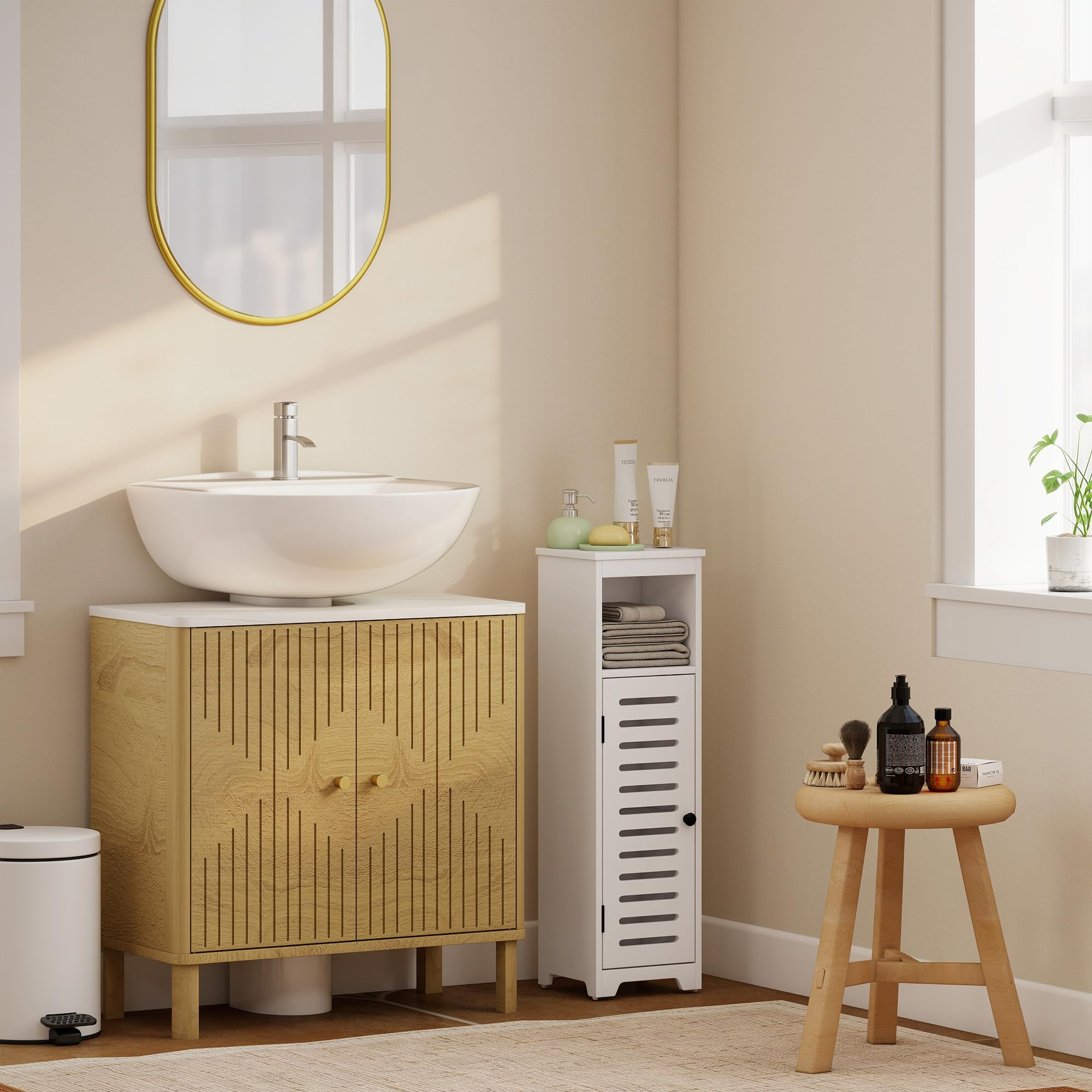 HOMCOM Armadietto bagno sottile porta persiana, ripiano aperto, bianco