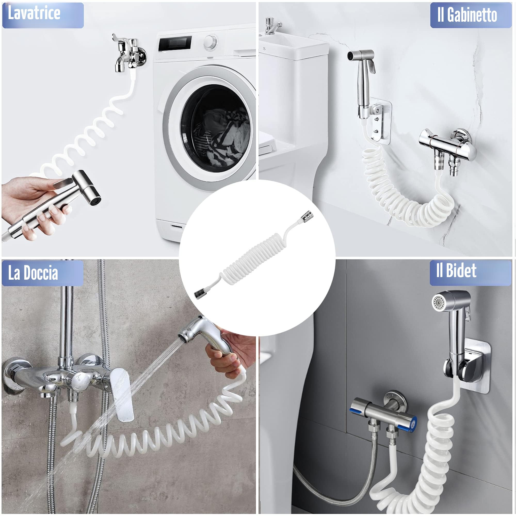 Flessibile Doccia a Molla in ABS,Telescopico Tubo Doccia,Flessibile Doccia a Spirale per Soffione Bidet,Adatto per WC Sprayer Rubinetto und Spruzzatore da Lavandino(3M,Bianco)
