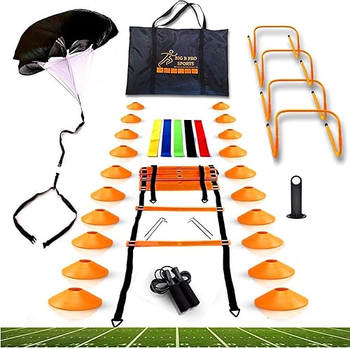 Big B Pro Sports Agility Training Equipment with Training Ladder and Soccer Cones Speed and Agility Training Set - Hurdles 20ft Football Ladder