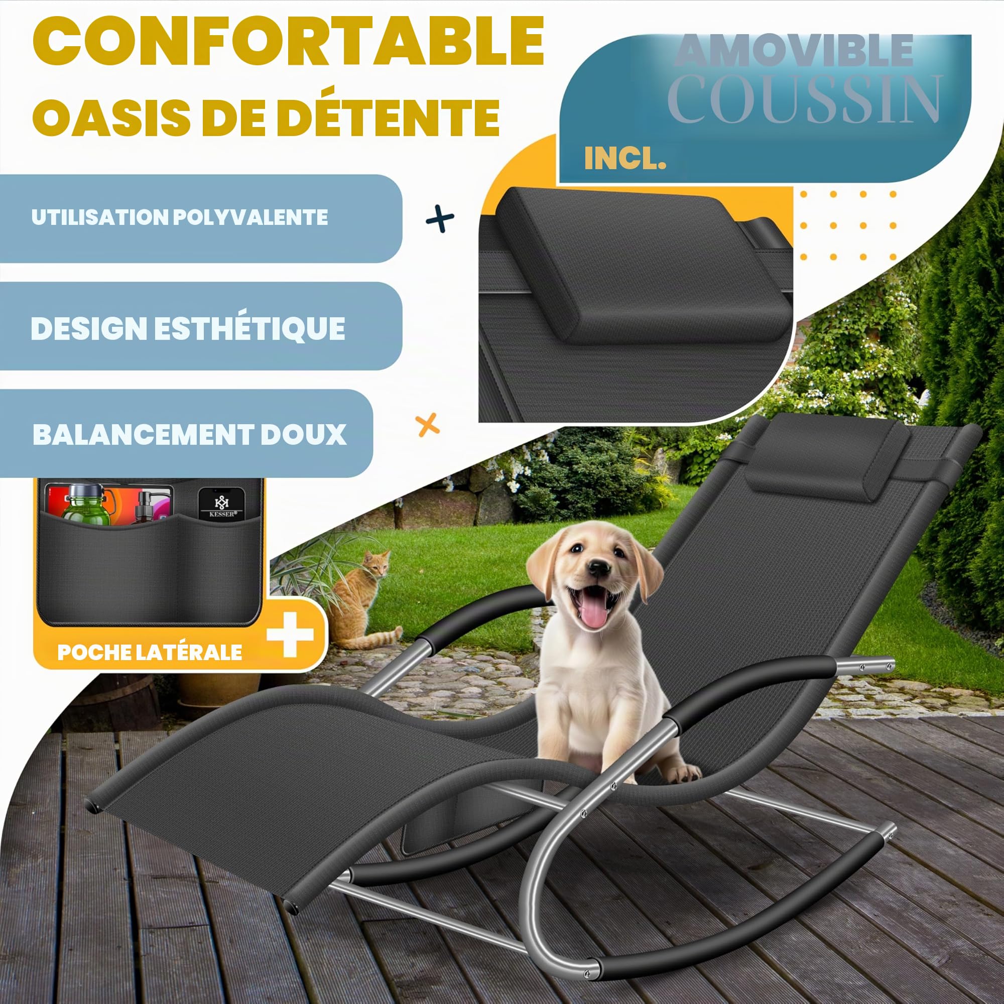 KESSER Chaise de jardin à bascule - Ergonomique - Coussin - Résistant aux intempéries - Charge maximale : 150 kg - Anthracite